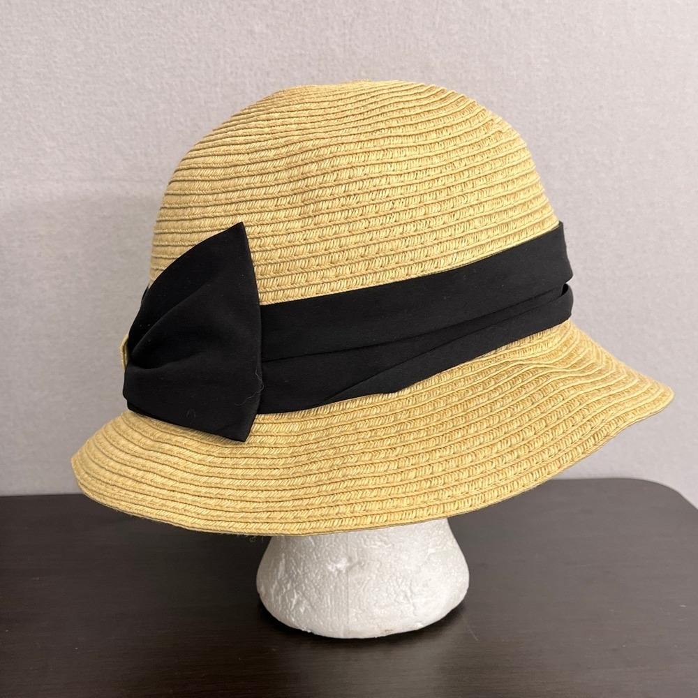 David and Young Packable Straw Cloche Sun Hat Tan Black Bow ABU7108 One Size